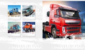 Red special mission truck against a white background with tire tracks