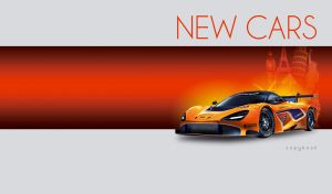 An orange and black sports car against a grey backdrop with a red stripe