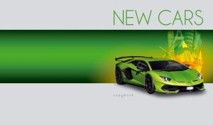 A lime mid-engine sports car against a grey backdrop with a green stripe