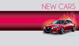 A crimson red mid size sedan against a grey backdrop with a purple-red stripe