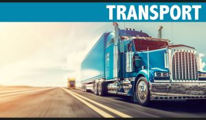 A blue red American container truck three-quarter view on the highway