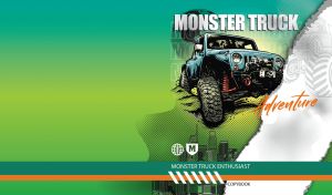 Monster truck soaring over a cityscape on teal, lime, and green gradient