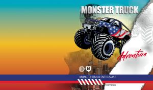 Monster truck soaring over a cityscape on blue, orange, and red gradient