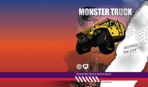 Monster truck soaring over a cityscape on navy and red gradient