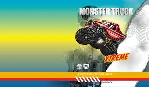 Monster truck soaring over a cityscape on blue, yellow, and teal gradient