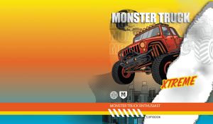 Monster truck soaring over a cityscape on yellow, orange, and blue gradient