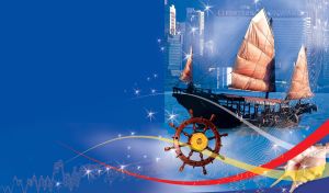 Sailing boat under three orange sails and a cityscape on a blue background