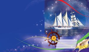 Large sailing ship under white sails side view on a blue background