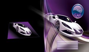 A white sports car on an abstract violet and black road