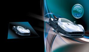 A silver sports car on an abstract blue and black road