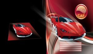 A red sports car on an abstract red and black road