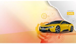 Yellow sports car on a pastel orange checkered paper background with a torn edge