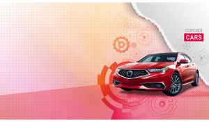 Red sedan on a pastel pink-red checkered paper background with a torn edge