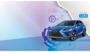 Blue SUV on a pastel purple-blue checkered paper background with a torn edge