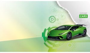 Green sports car on a pastel lime green grid paper background with a torn edge