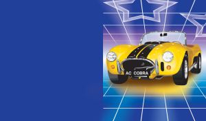 Classic yellow convertible sports car with black hood stripes on blue