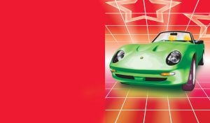 Vintage light green sports convertible with big headlights on red