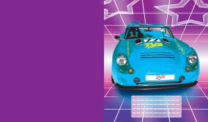 Historic blue convertible track car with roll cage on purple