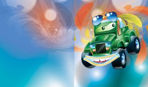 Green smiling cartoon off-roader with glasses on a watercolor gradient