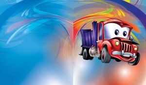 Red smiling cartoon truck with a purple cargo bed on a watercolor gradient