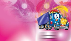 Blue smiling cartoon load truck with a red hat on a watercolor gradient
