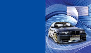 Black coupe sports car with a shiny paint job and big wheels in a blue tunnel