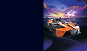 Orange cabriolet, two seats, racing supercar on purple ocean landscape view