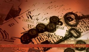 Antiques composition of kegs with letters and vintage keys on top of bingo on ochre