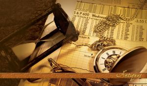 Antiques composition of pocket watch on NYSE report, hourglass and glasses in sepia