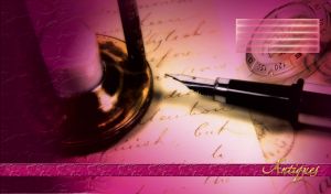 Antiques composition of fountain pen on a letter, compass and candle holder on pink