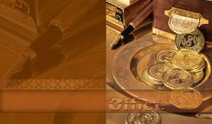 Gold coins on a saucer and a gold bar with a fountain pen on brown